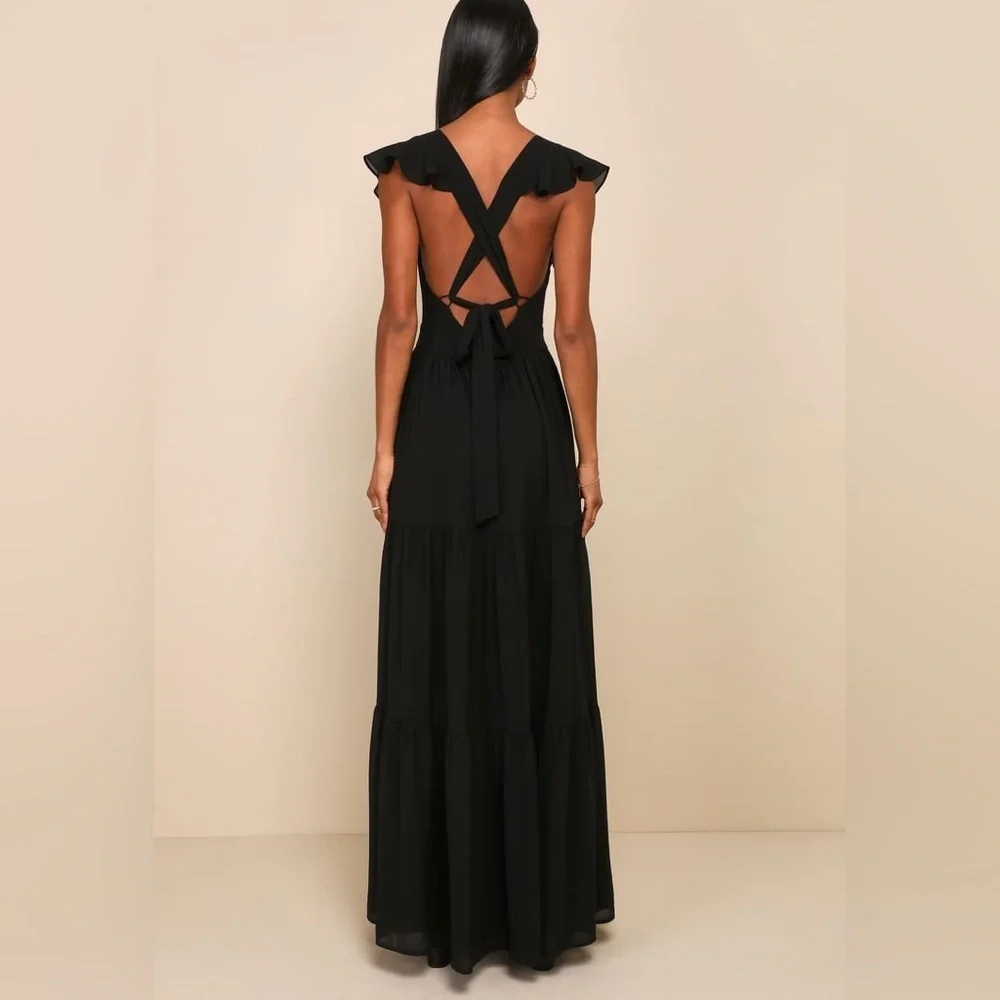 Lulus Charming Success Black Tiered Lace-Up Backless Maxi Dress Size L - Picture 1 of 11